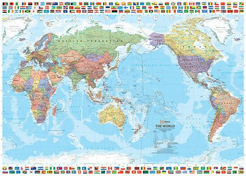 World Map with Flags - Pacific Centred, 1010mm x 720mm