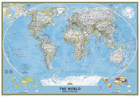 World Map, Europe Centred, 1105mm x 775mm, Medium